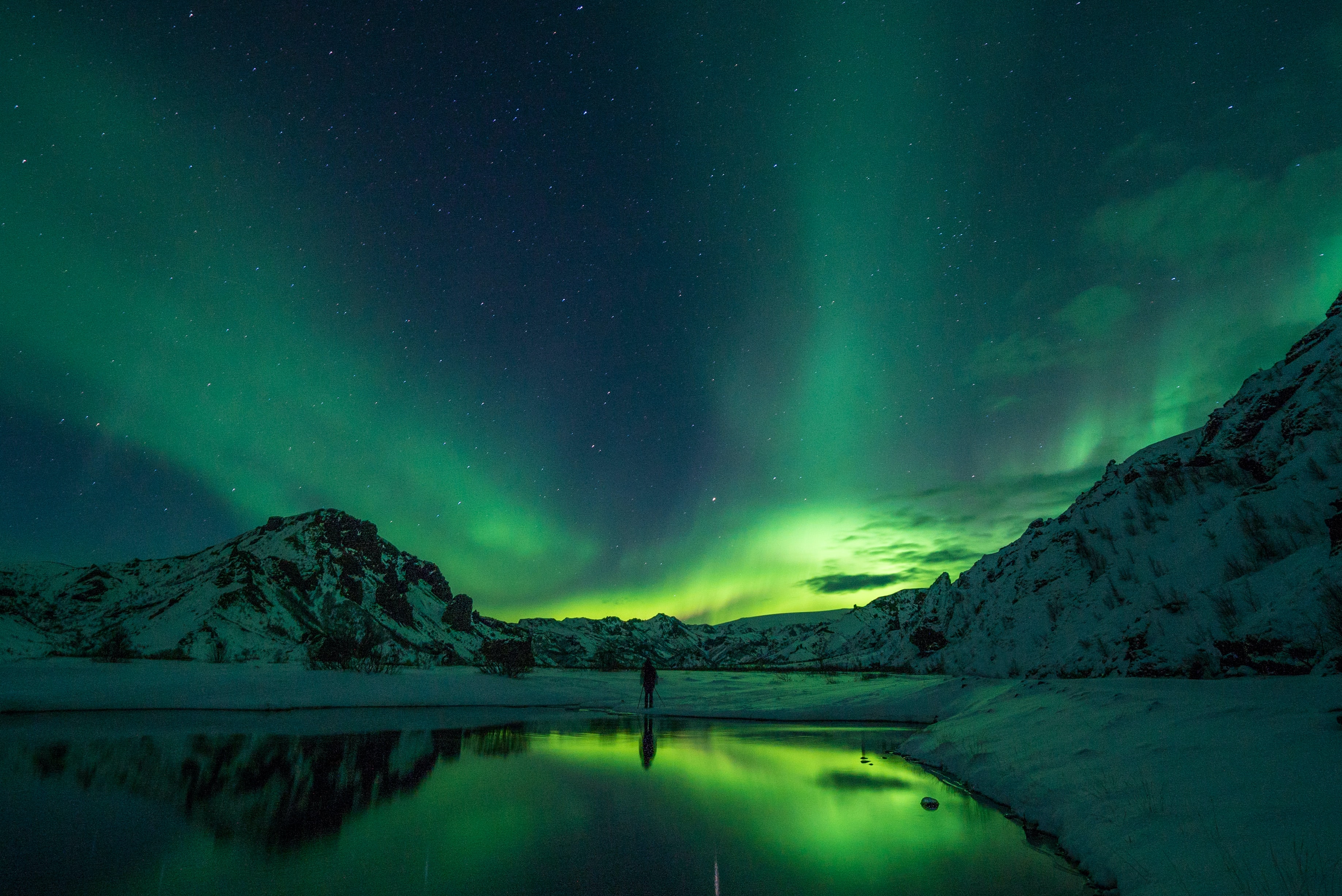 aurora, green lights over winter landscape
