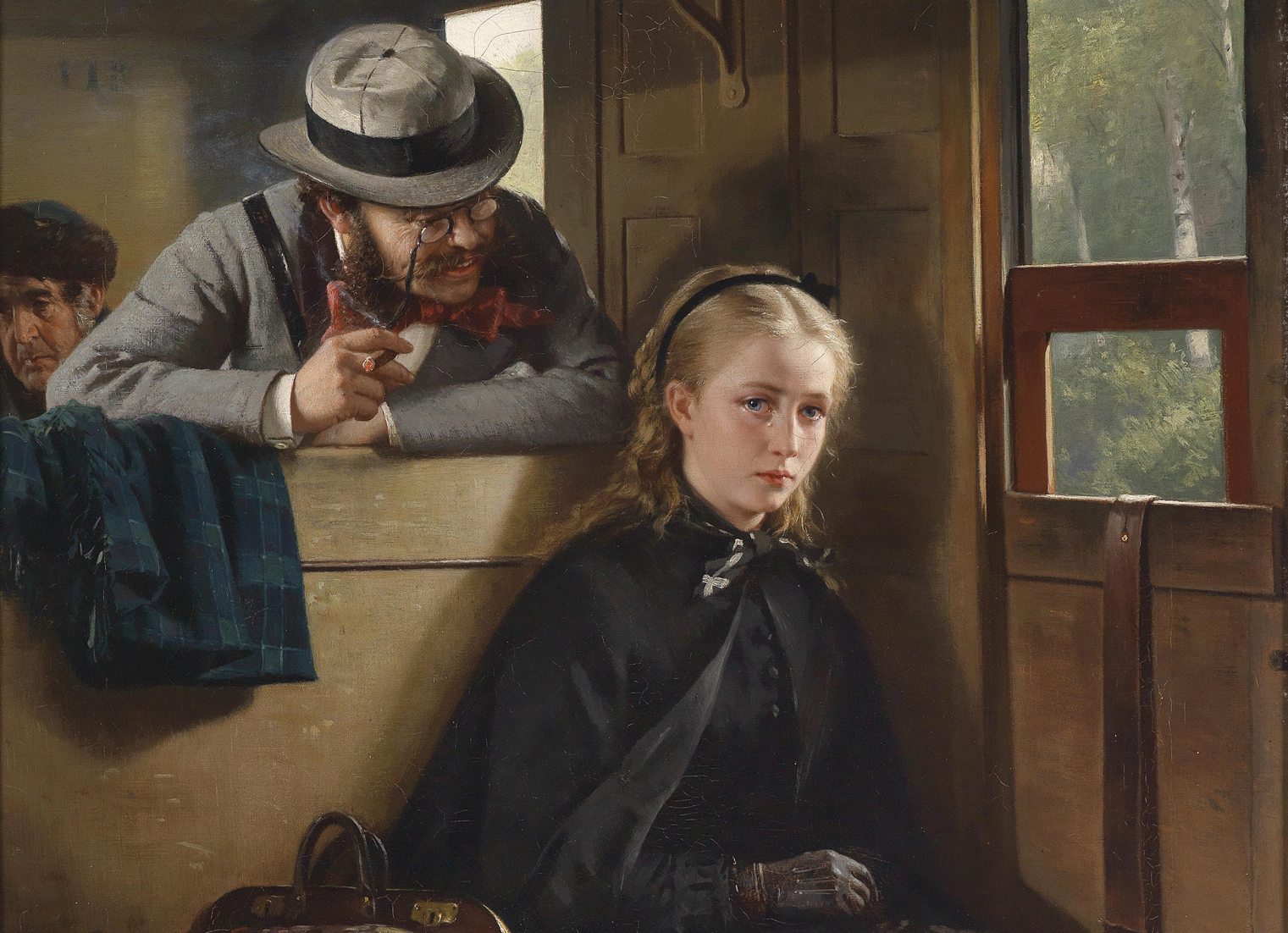 The Irritating Gentleman by Berthold Woltze. A painting of an annoying man leaning over a train seat to badger a woman minding her own business. 