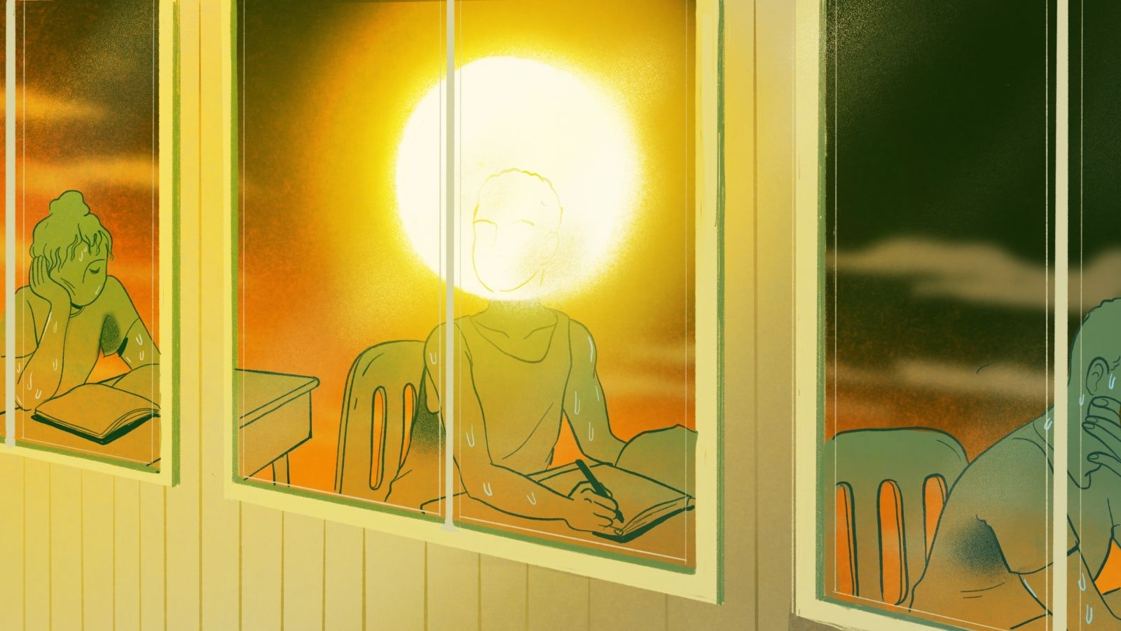 a cartoon of a student sitting in a classroom with the sun for their head