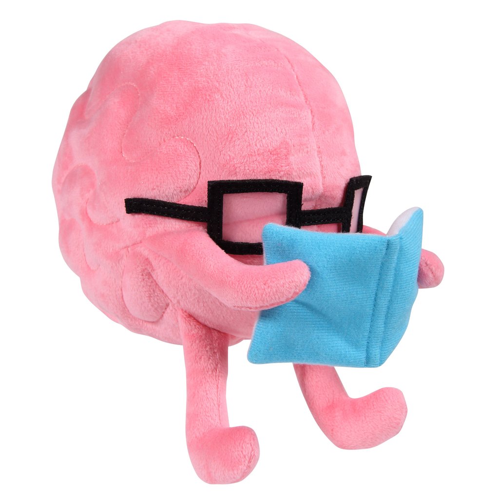 A plush toy in the shape of a brain wearing glasses reading a book. Also the brain has two legs and two arms.
