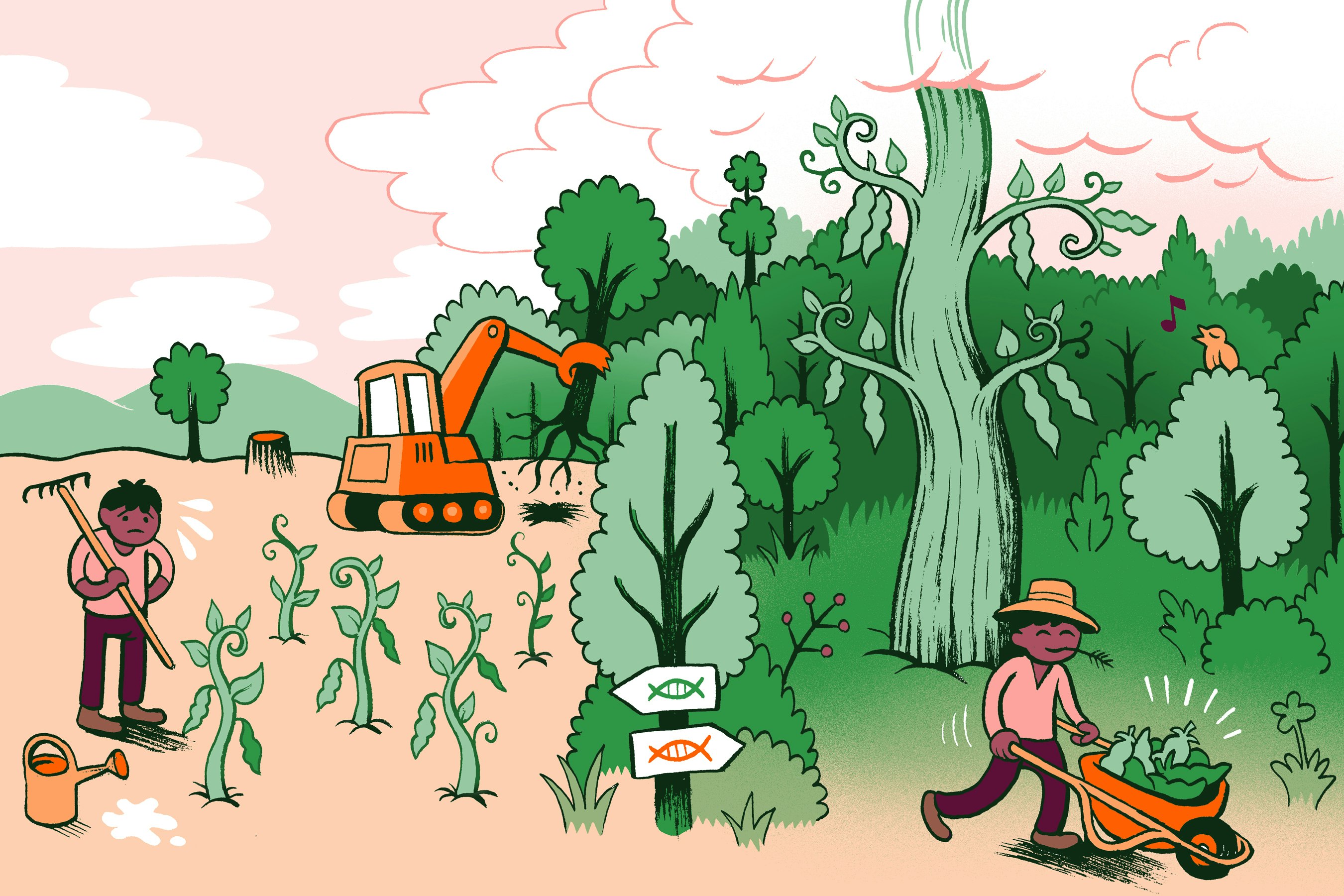 GMO illustration with farmers