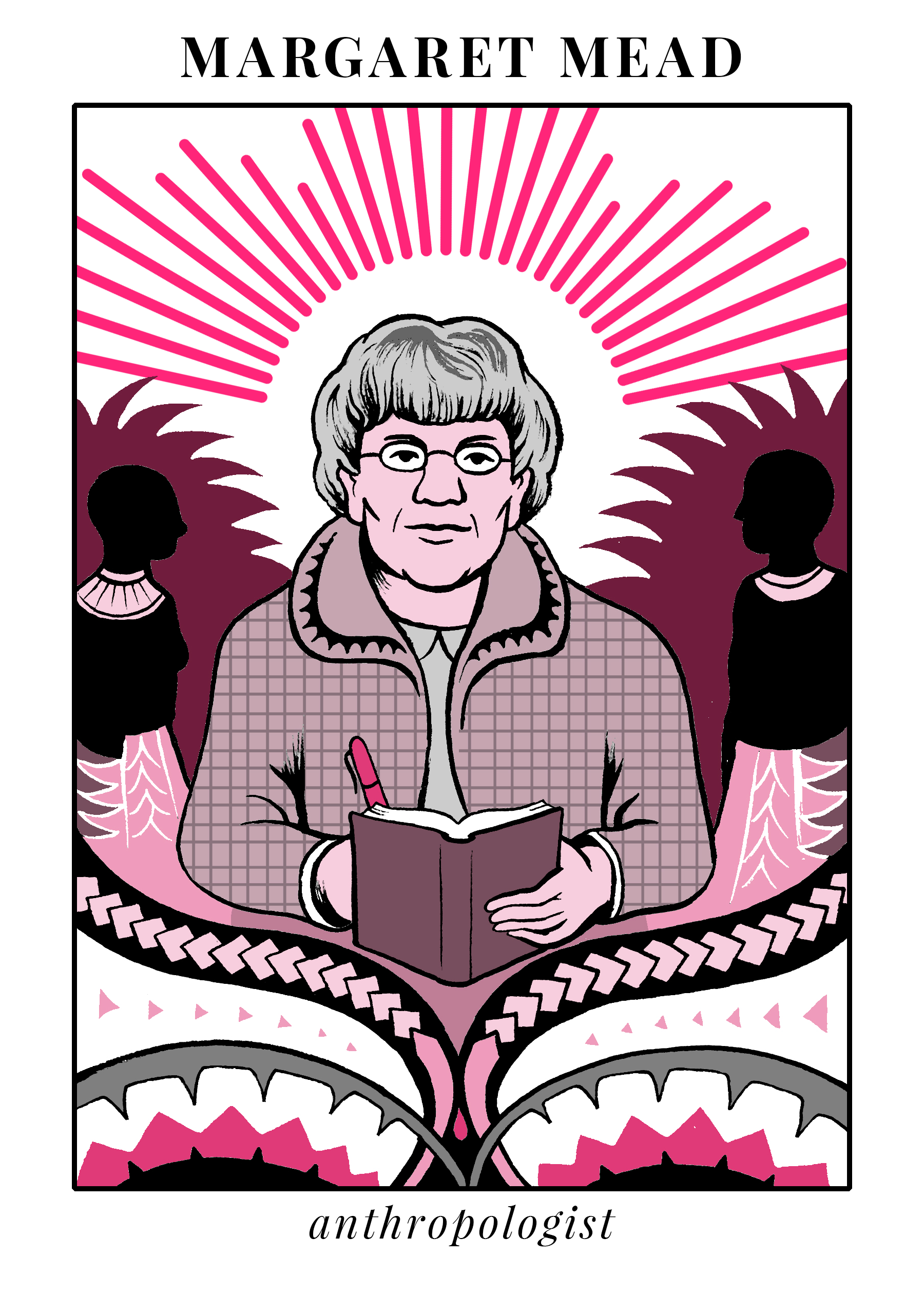 A painting of anthropologist Margaret Mead, who studied sexuality in Samoan culture. She was an instrumental figure in 20th century feminism.