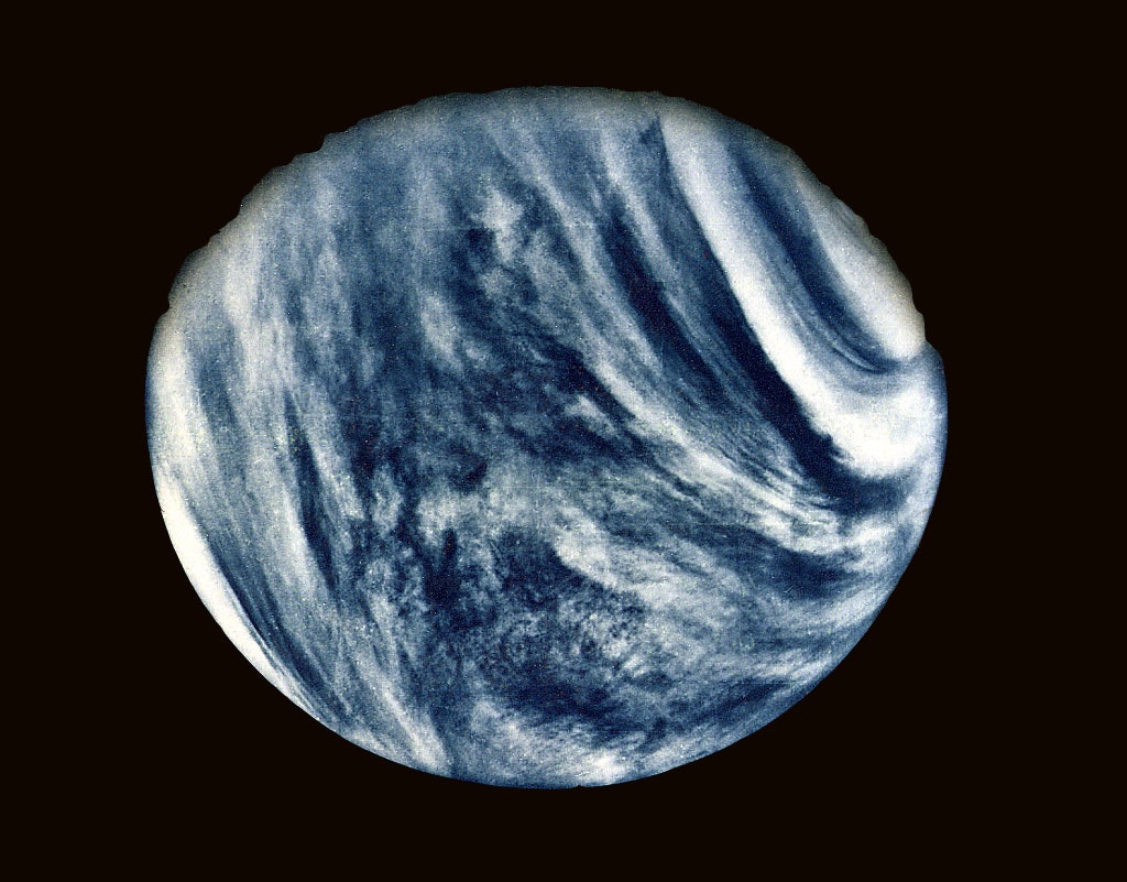 A picture of the planet Venus, with acidic clouds highlighted