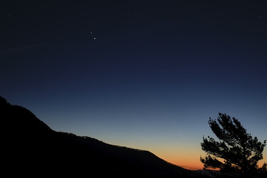 Saturn, top, and Jupiter, below, are seen after sunset from Shenandoah National Park, Sunday, Dec. 13, 2020, in Luray, Virginia.