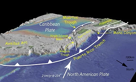 Puerto Rico from the northeast showing the Puerto Rico trench to the north of the island and the less active Muertos Trough to the south of Puerto Rico.