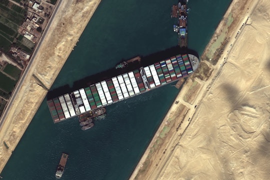 A satellite image of the Ever Given plugging the Suez Canal