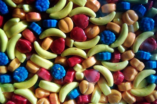 Hard candy in the shapes of various fruits like bananas and oranges