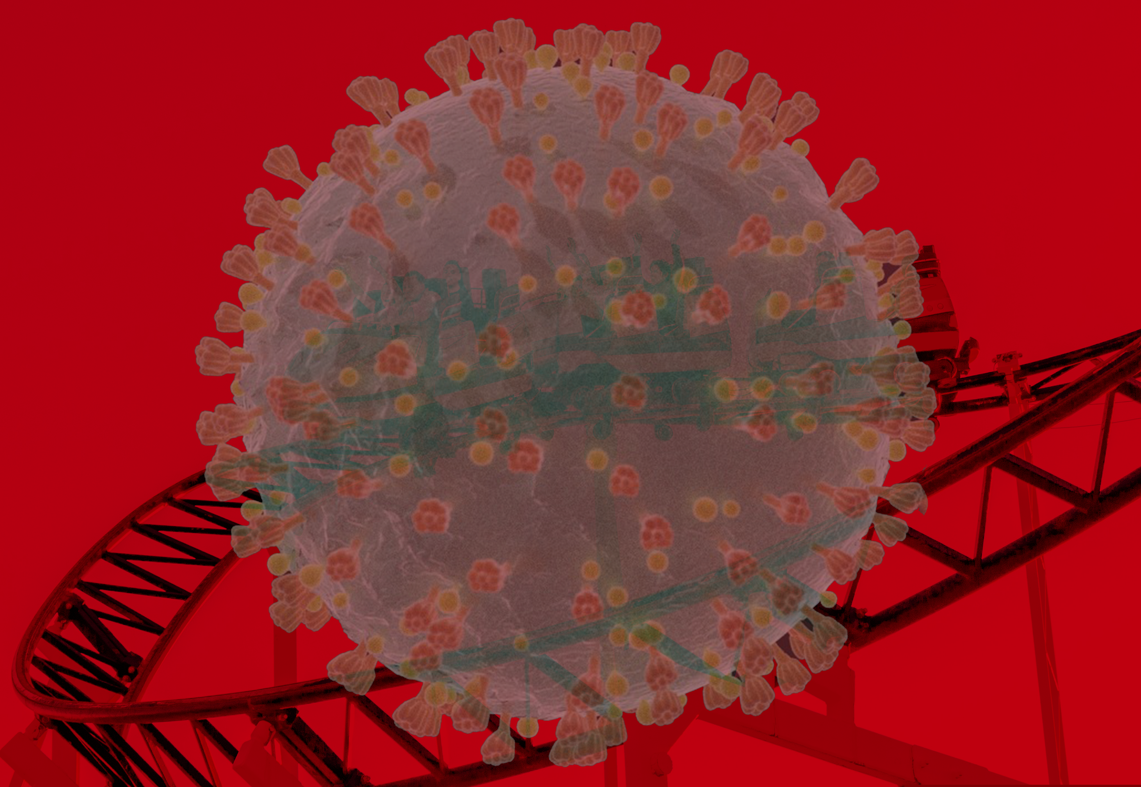 COVID molecule superimposed on a rollercoaster