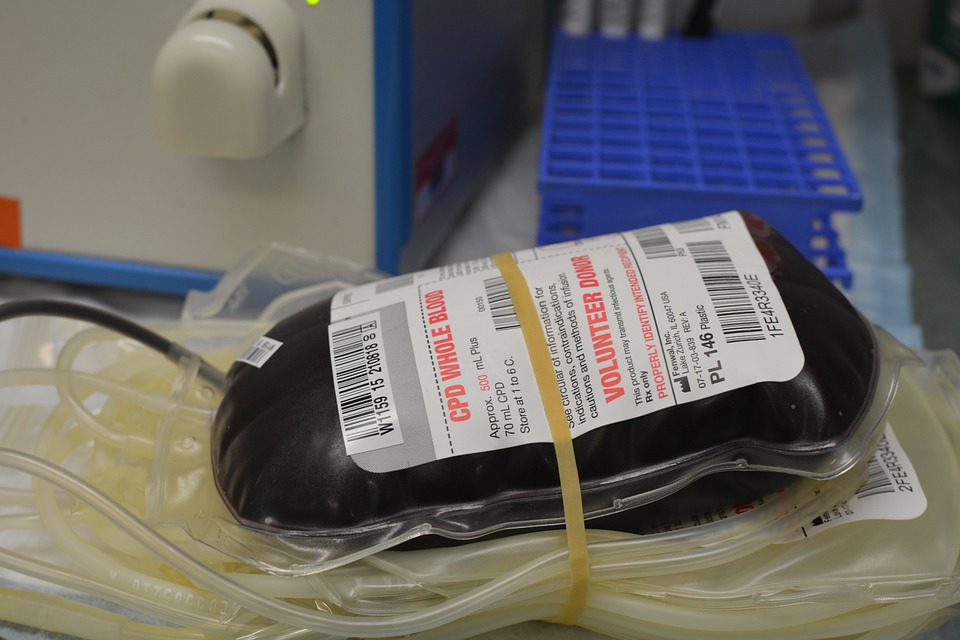 a bag of donated blood in a hospital