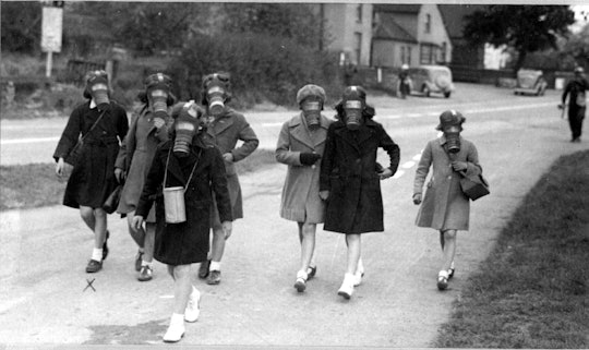 Children participate in a gas mask practice in the 1940s, Hallow Village Green