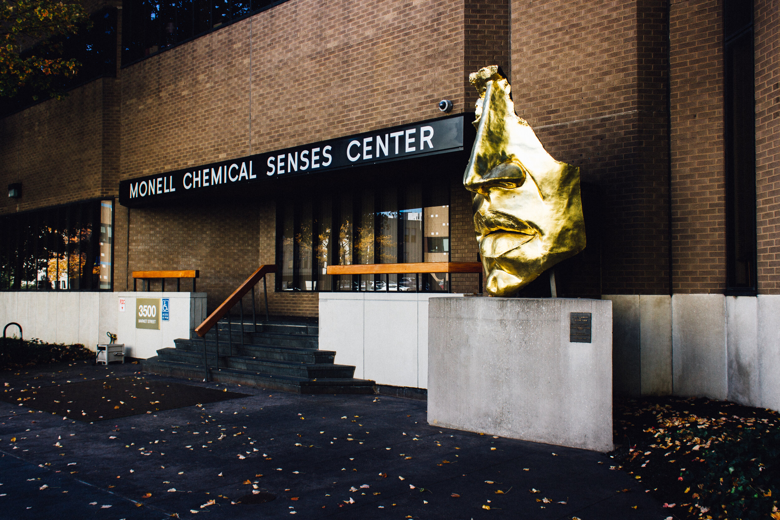 A statue of a gold face outside a research laboratory. 