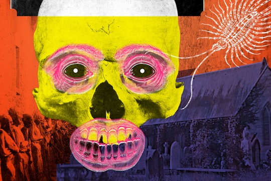 Collage. A haunted skull with a face drawn over it floats above spooky imagery of a catacomb and a church graveyard.