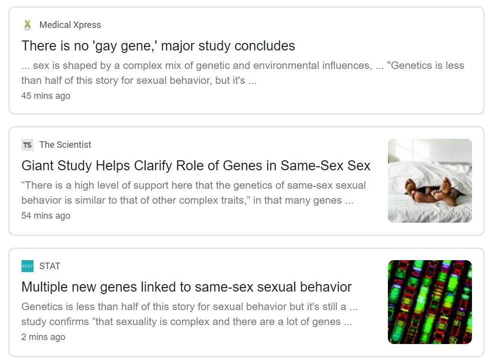 A screenshot of headlines with different conclusions covering the Science story on the genetics of same sex behavior.