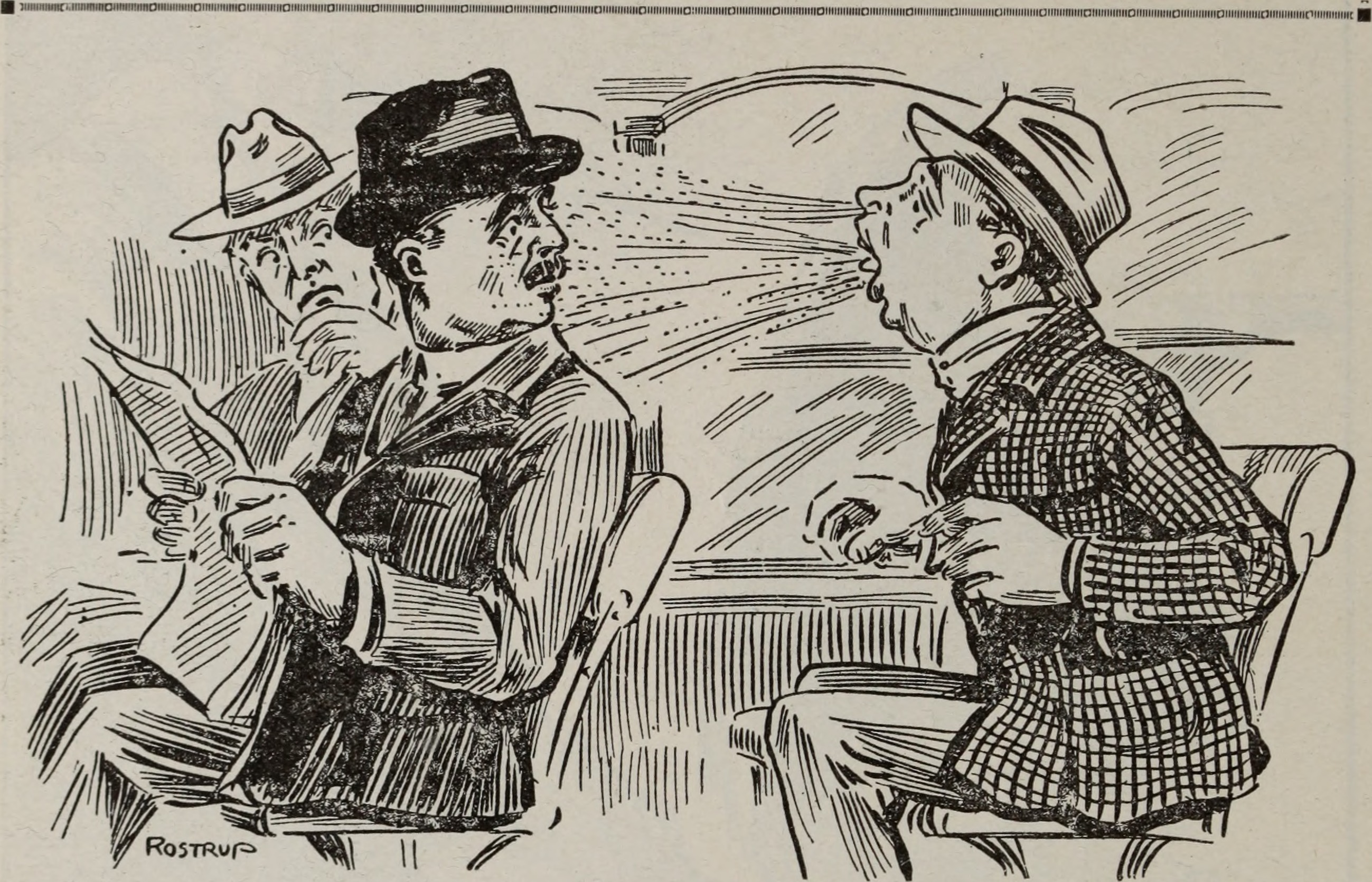 A cartoon of a man sneezing, blowing droplets of liquid into another man's face.