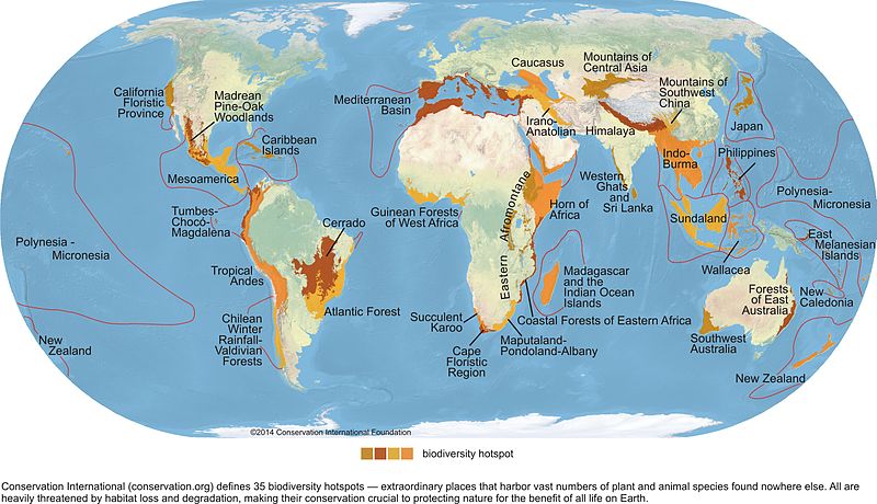 Map of biodiversity hotspots around the world