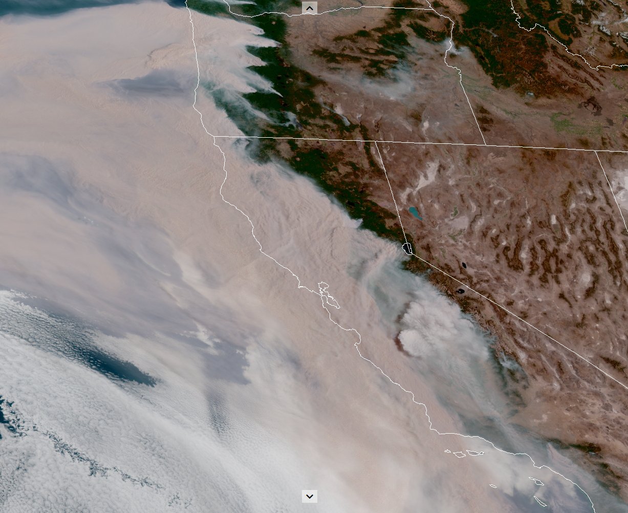 Satellite view of smoke plumes produced by 2020 California wildfires, September 9, 2020, 11:00 AM, taken from the GOES-17 weather satellite