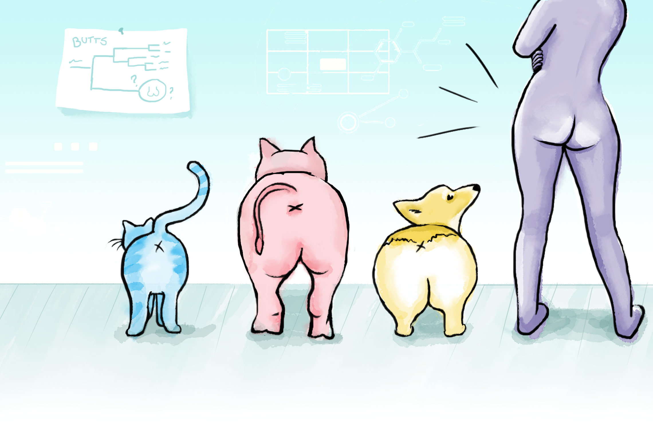 A cat, pig, dog, and human seen from the back, so their butts are most visible
