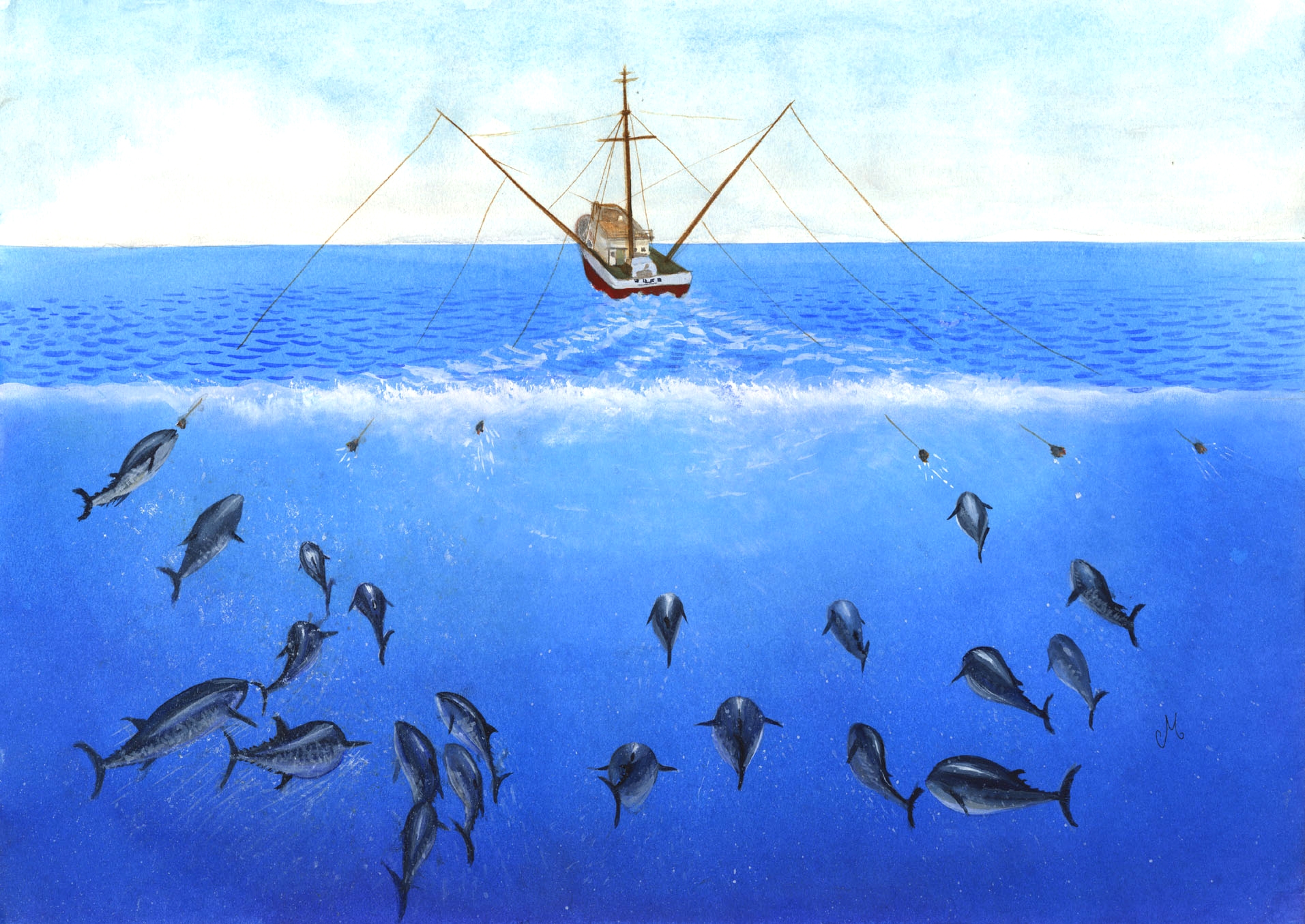 A painting of a fishing boat with multiple fishing lines catching tuna