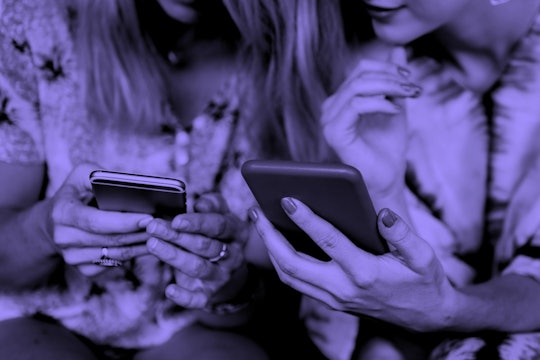 women on phones tinted purple