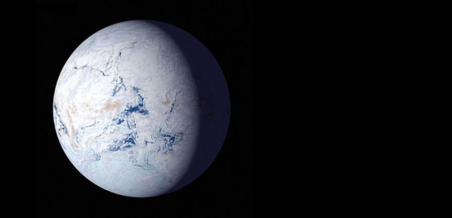 artist's drawing of what snowball earth may have looked like, white Earth on a black background