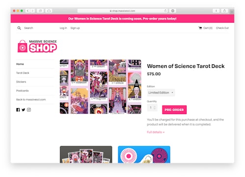 screenshot of the Massive Science shop with science tarot decks