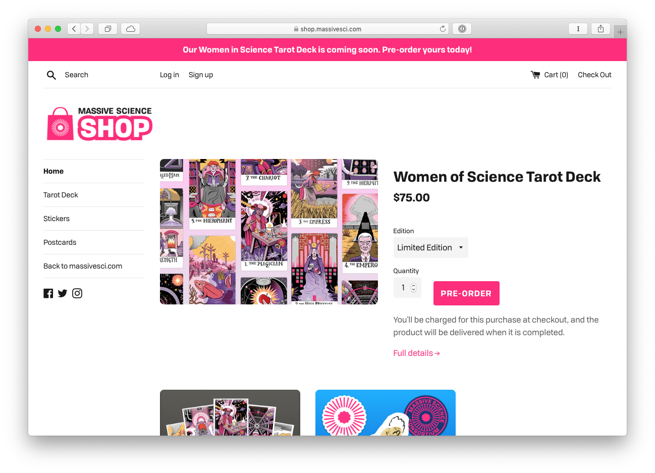 screenshot of the Massive Science shop with science tarot decks