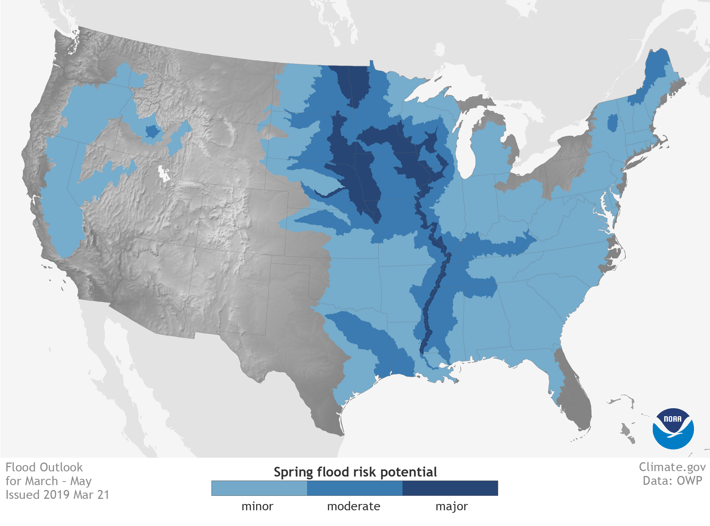 A map of the continental United States that shows regions east of the Mississippi River and California are at increased risk of flooding.