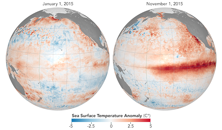 A map of the Pacific Ocean showing how El Nino is associated with above-average equatorial sea temperatures in 2015