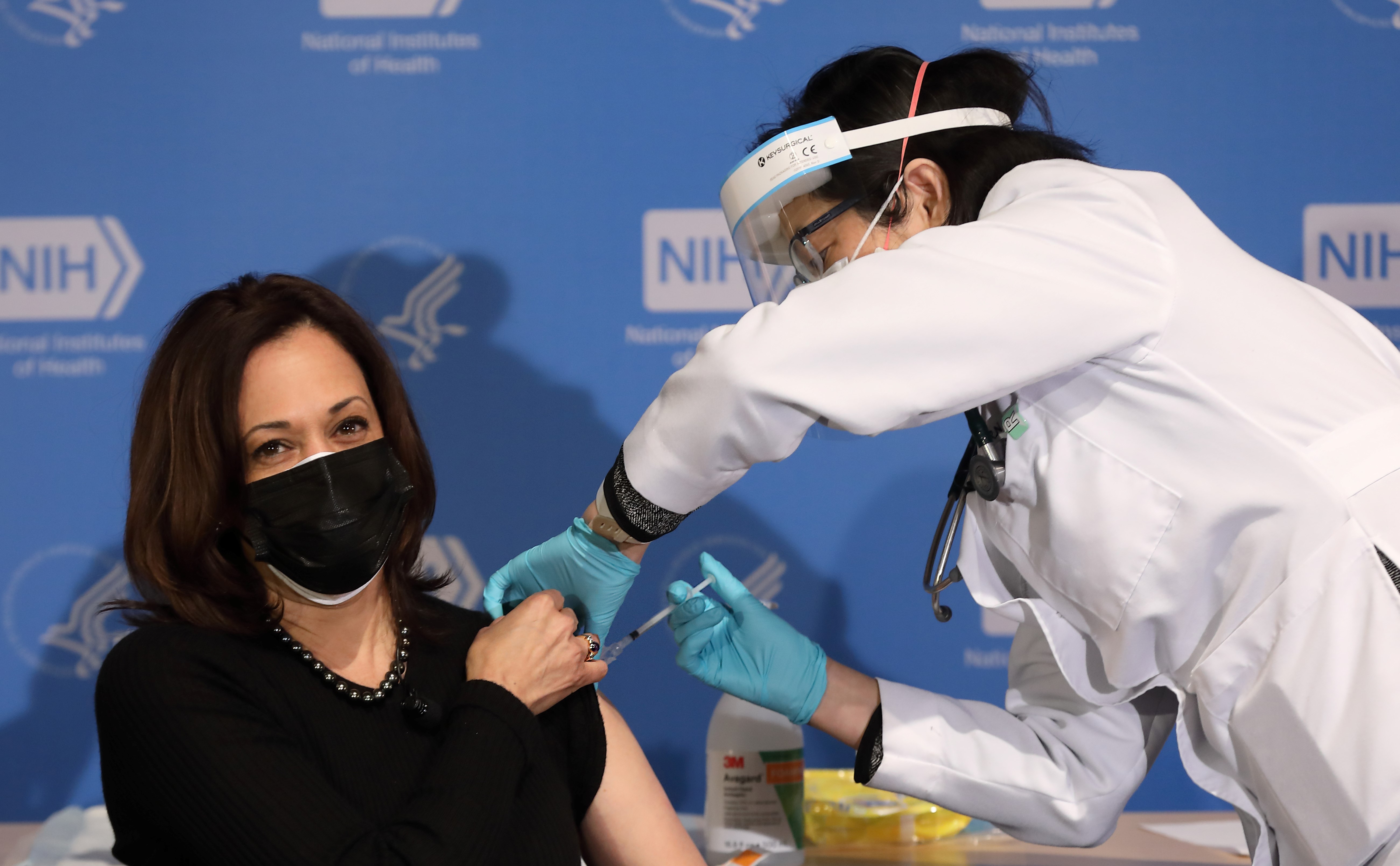 Vice President of the United States Kamala Harris receives her second dose of the Moderna, Inc., COVID-19 vaccine, at NIH on January 26, 2021.