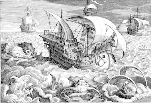 drawing of a ship and sea monsters