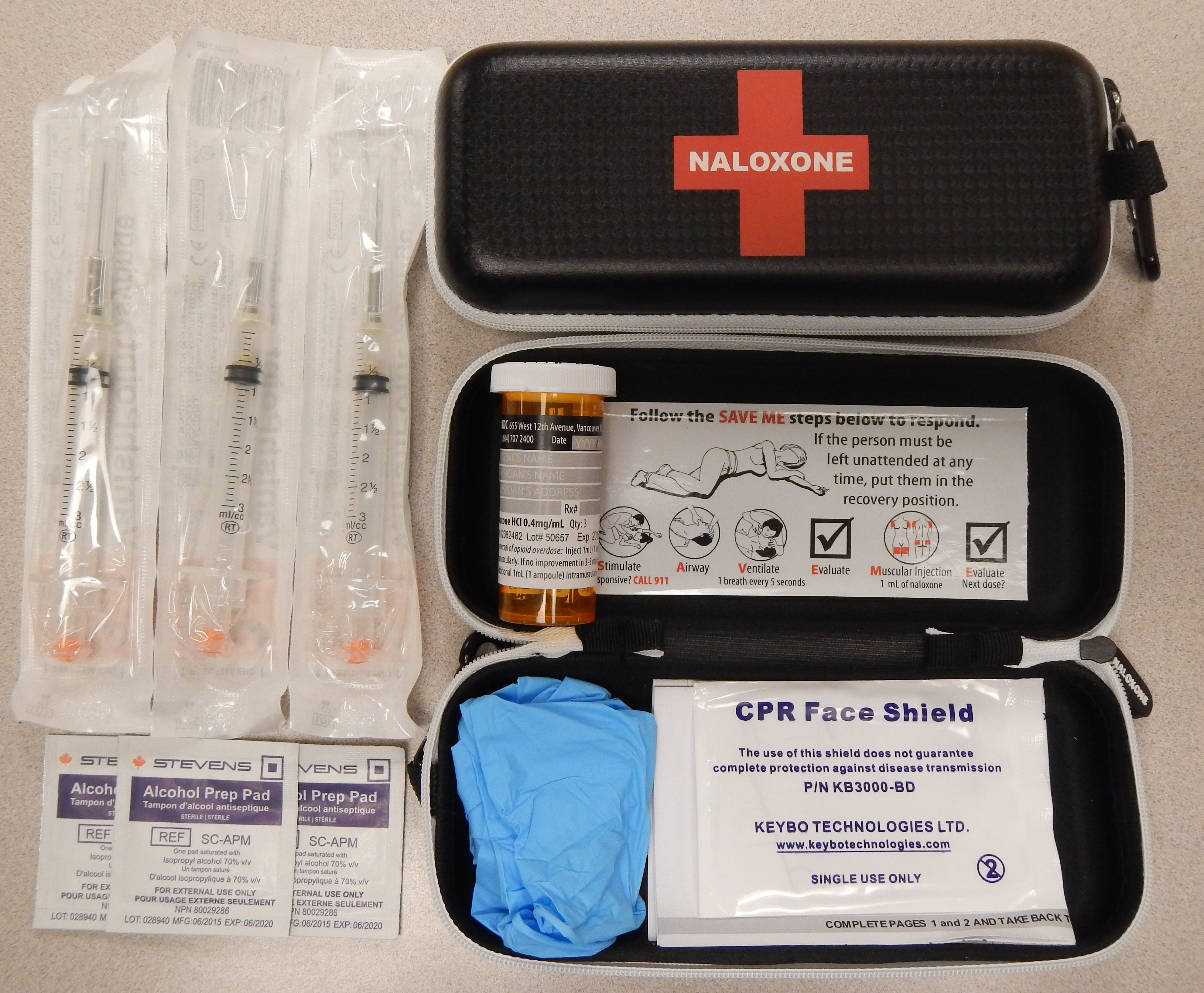 A naloxone kit, containing the naloxone itself plus needles and syringes, wipes, and instructions