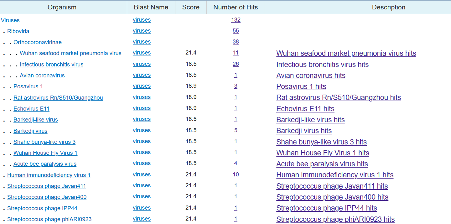 Taxonomy results from pBLAST of Wuhan coronavirus sequence insert 1