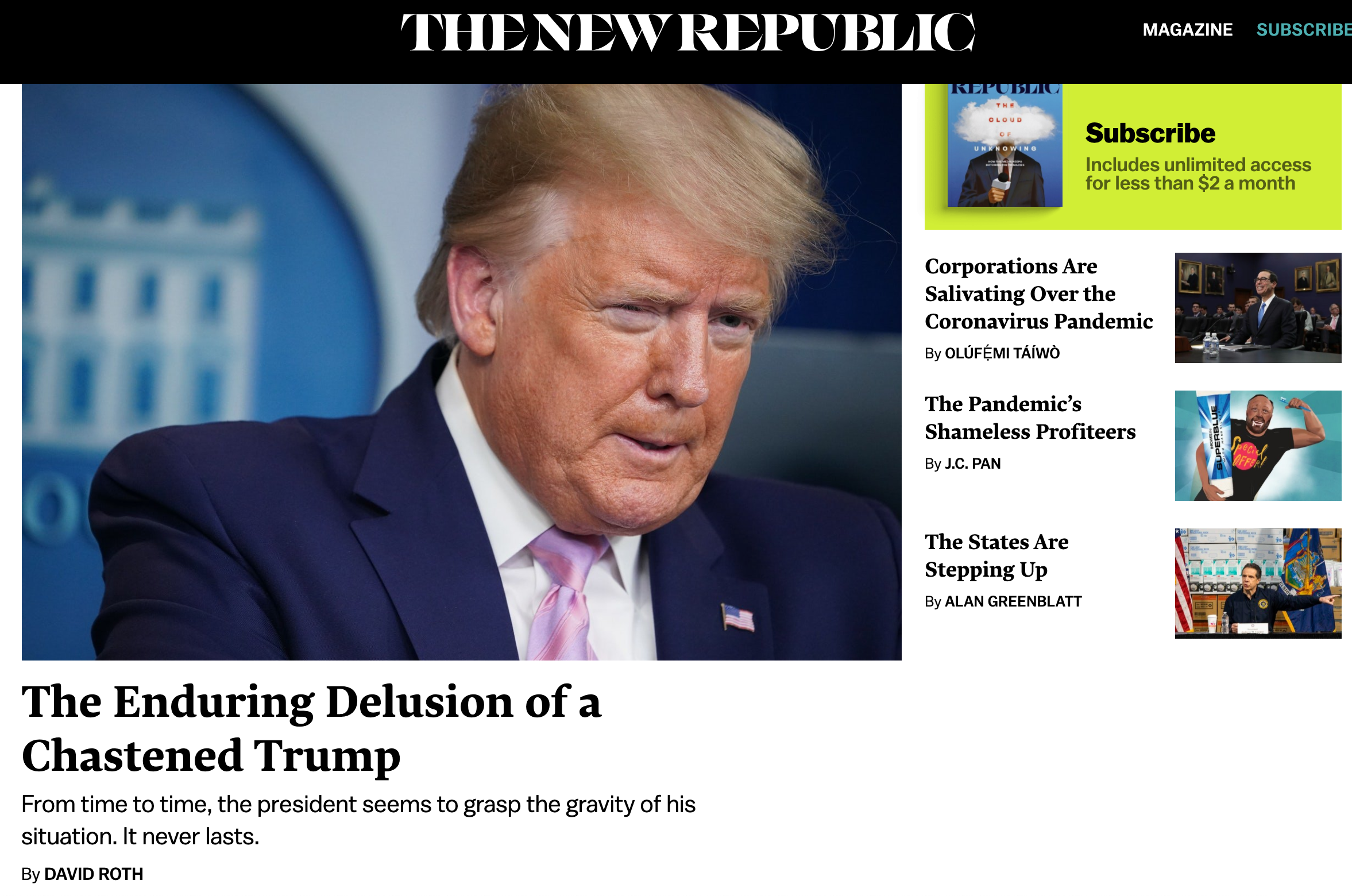 A screenshot of the New Republic's front page, with a bunch of coronavirus stories and opinions, on April 3rd, 2020.