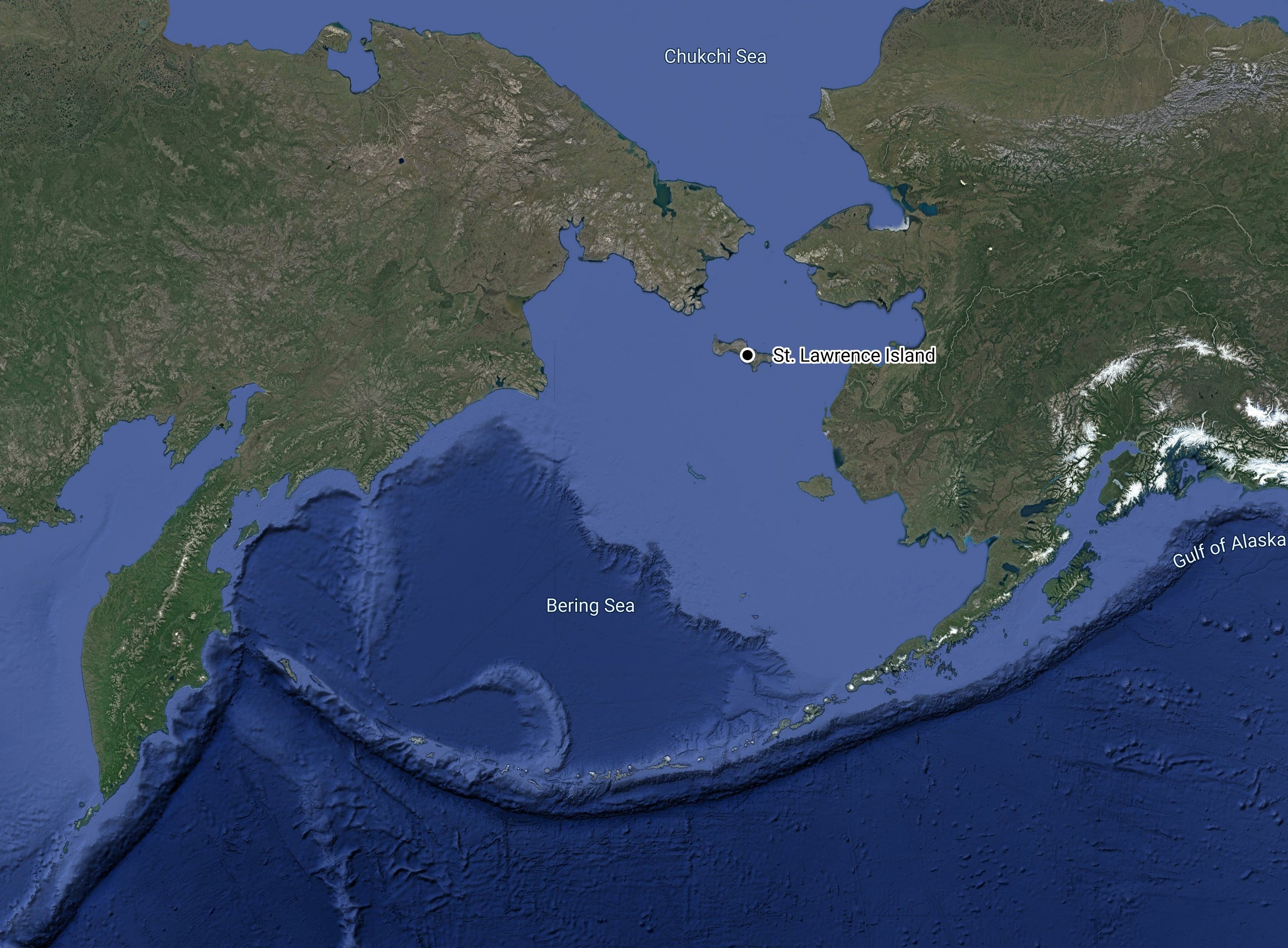 A map showing St. Lawrence Island, between the Russian far east and Alaska in the Bering Sea