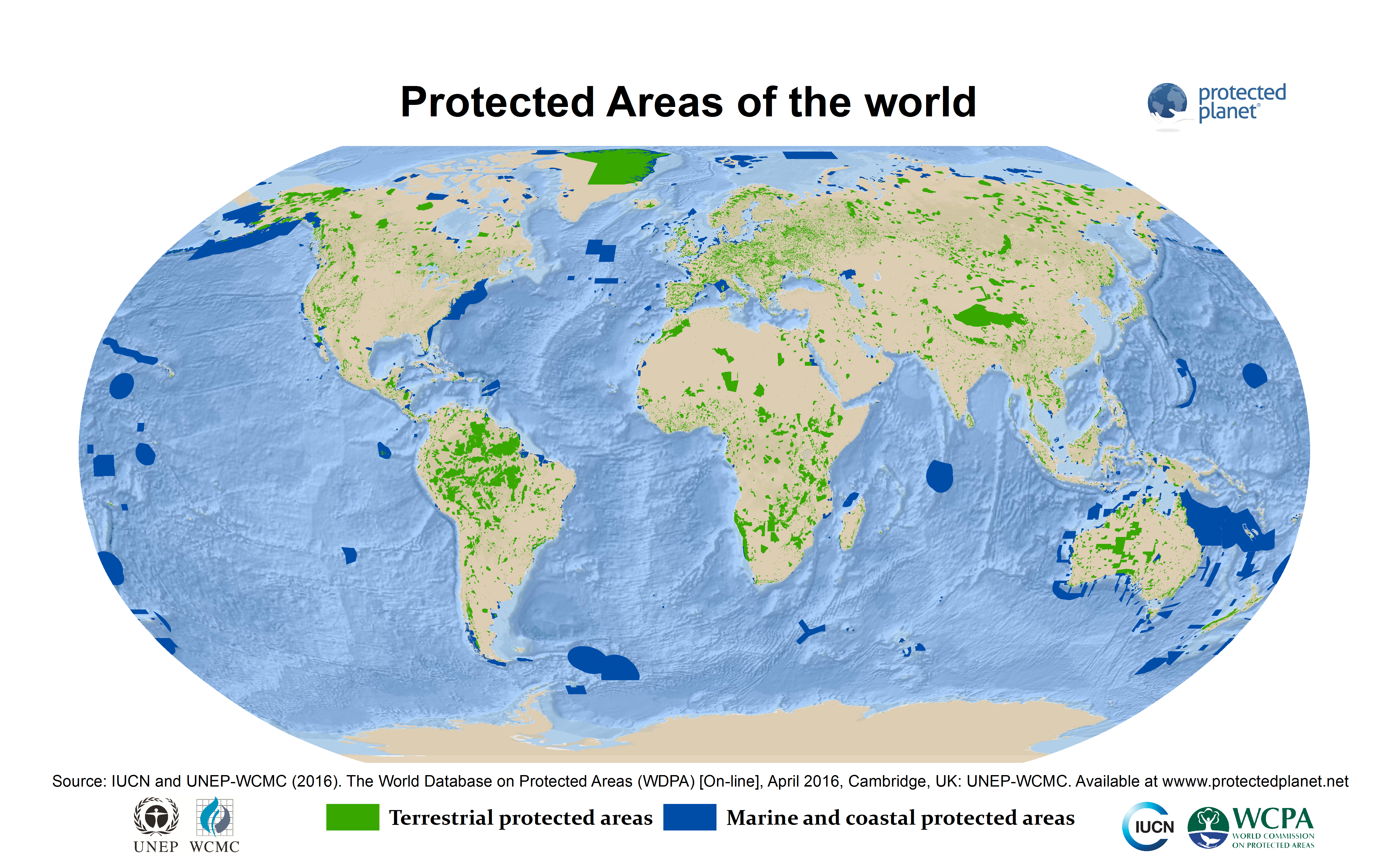 A map of worldwide protected areas, in both terrestrial and marine/coastal regions.