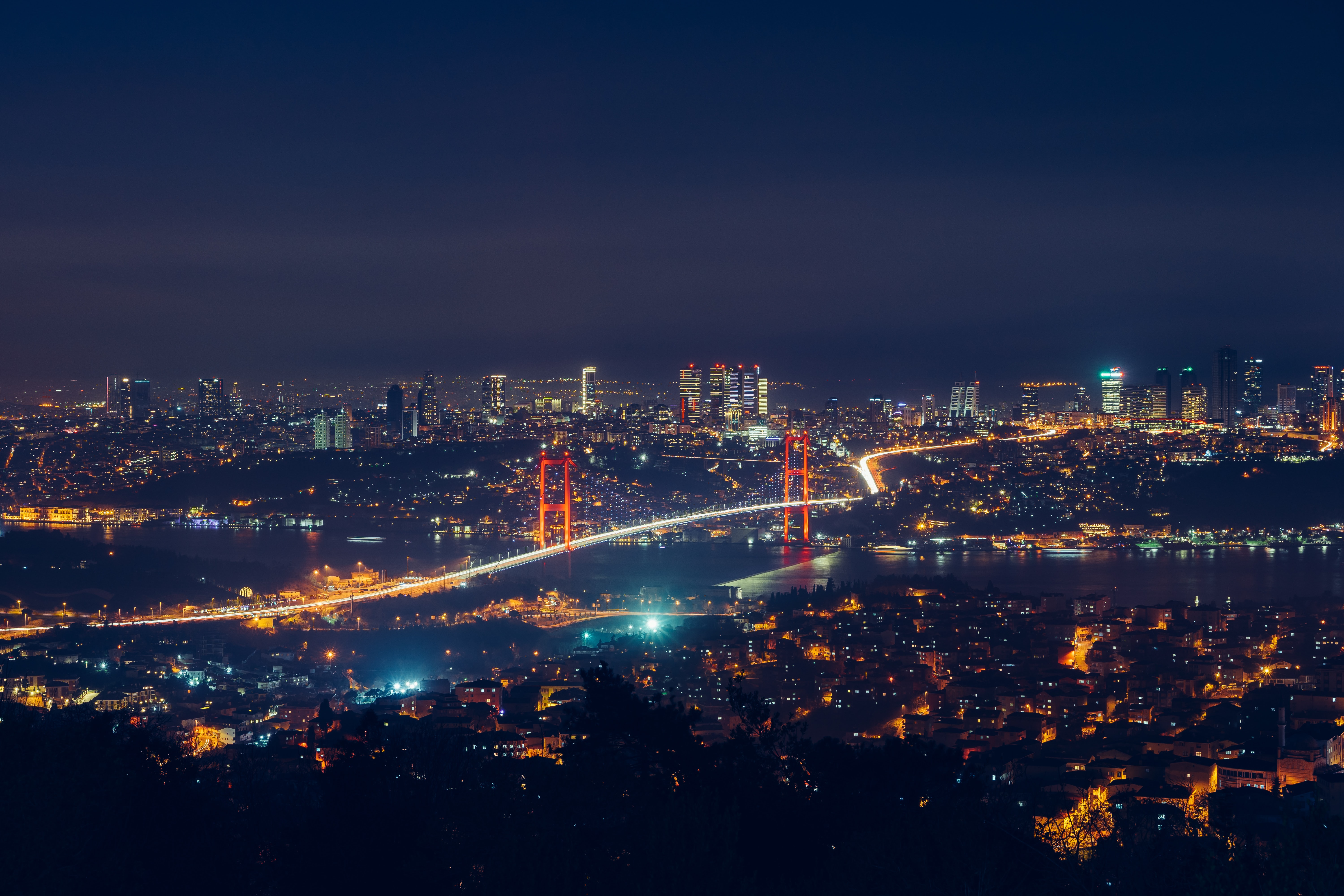 overhead view of a city in Turkey lit up at night