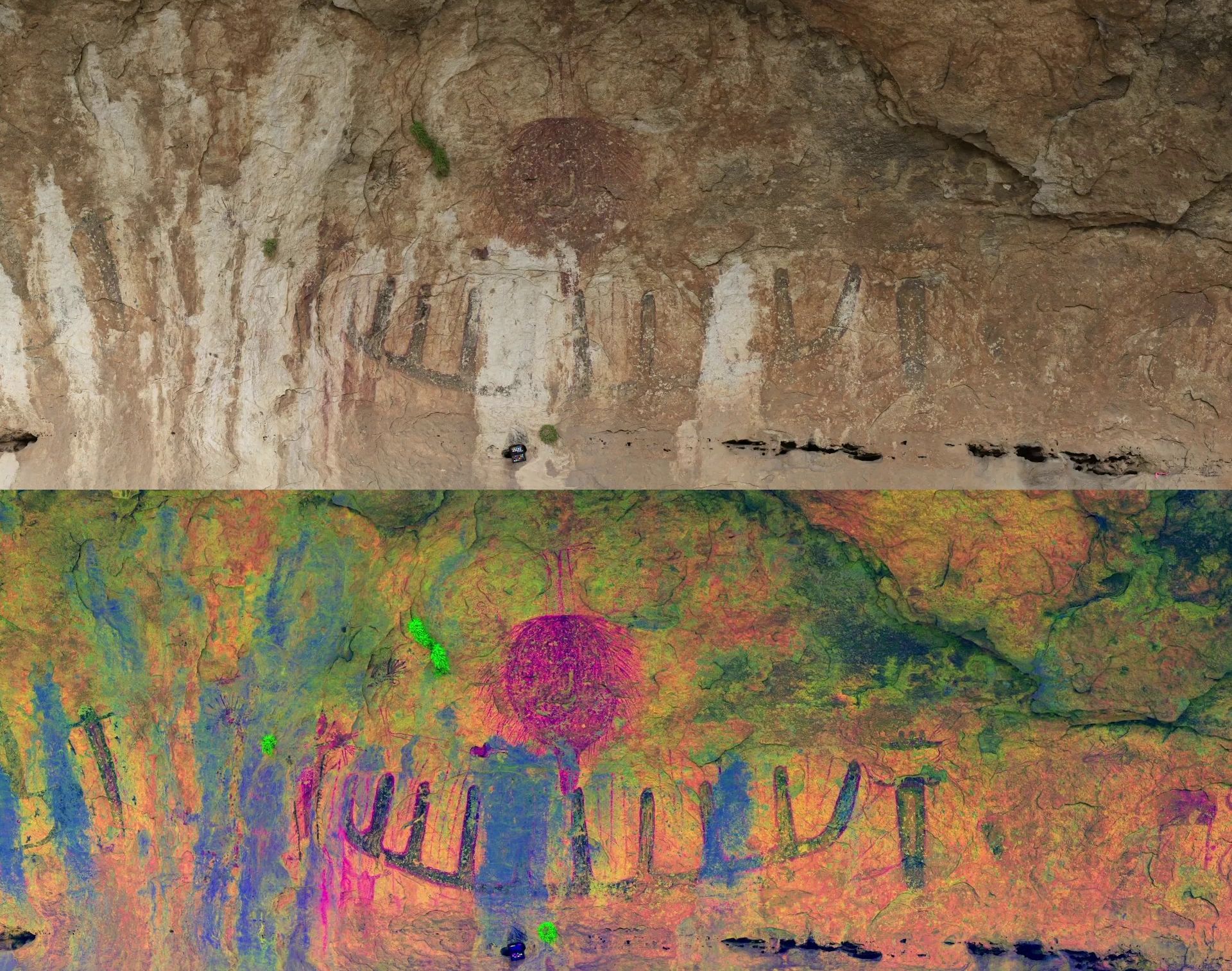 Image of cave painting in real color, on top, and corrected with a computer program to make the art more visible, bottom. In the Lower Pecos Canyonlands, Texas.