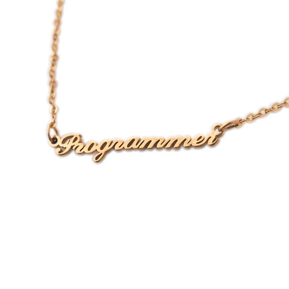 A nameplate necklace that reads "Programmer."