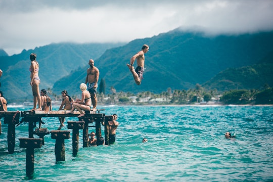 swimming people jumping and swimming in a lake