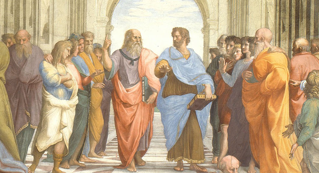 A painting of men looking at each other, the School of Athens by Raphael