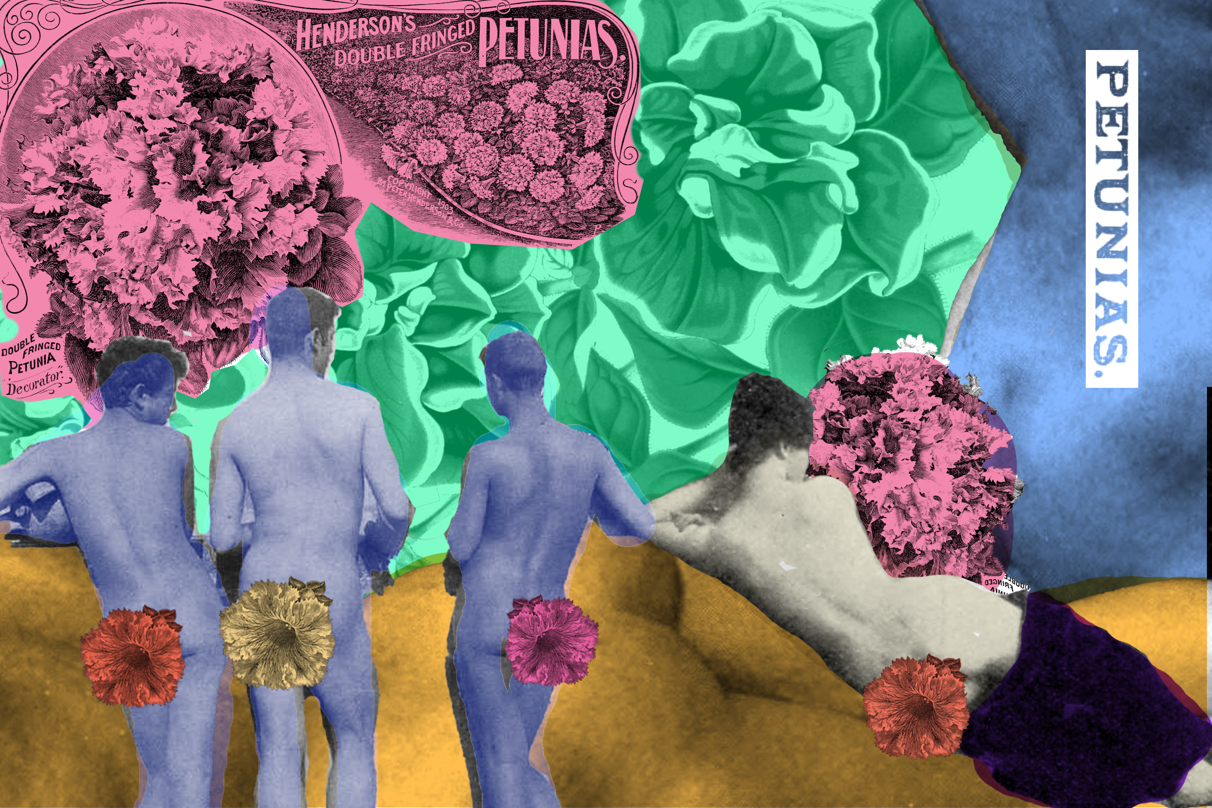 collage with the back of nude people, but their butts are covered in flowers