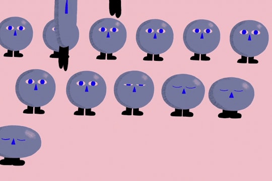 A gif showing small molecules, represented as balls with eyes, a nose, hands, and feet, being sucked into a string of DNA