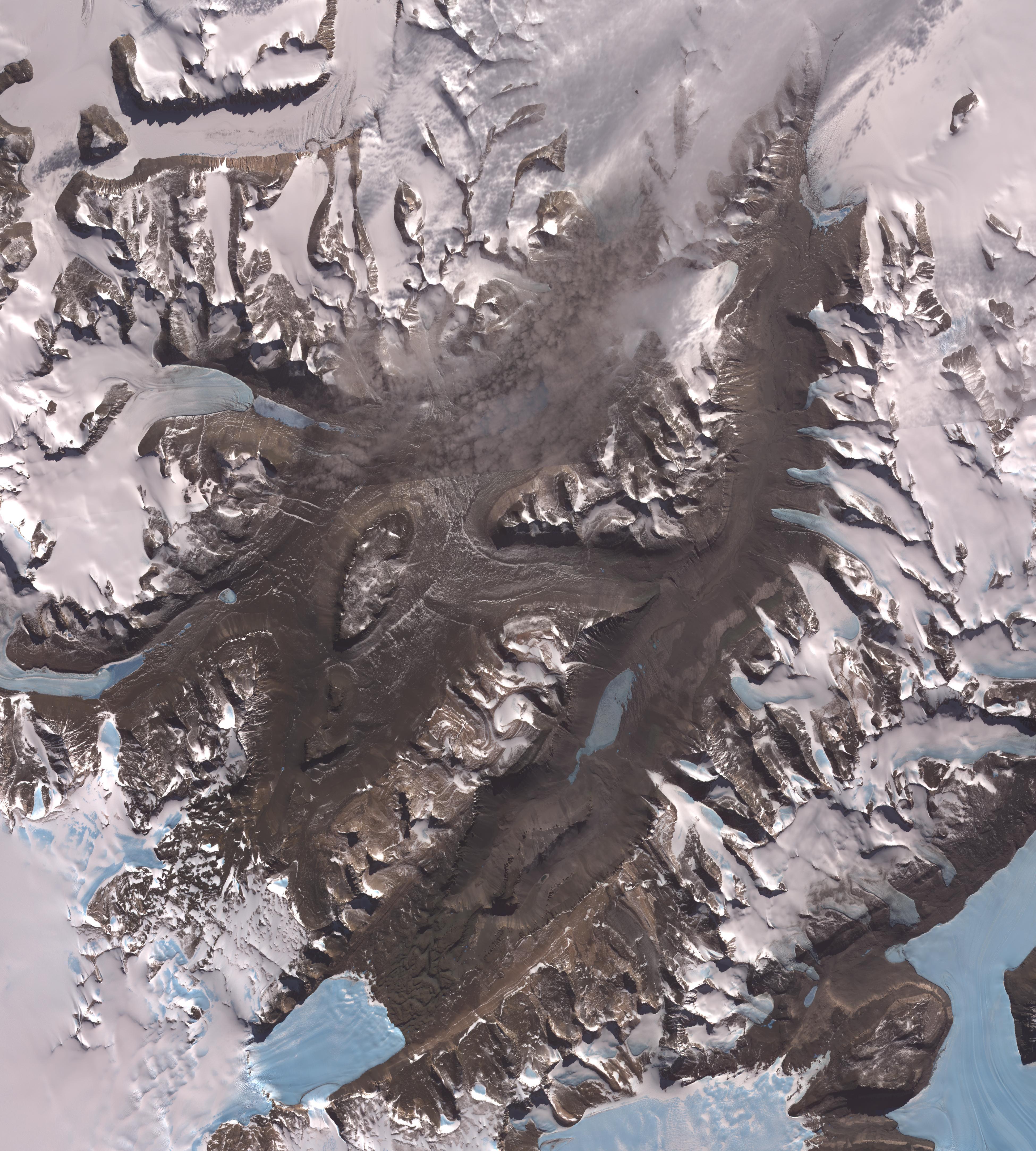 Satellite image of the McMurdo Dry Valleys, a row of valleys west of McMurdo Sound, Antarctica that are extremely dry with little snow or ice cover. 