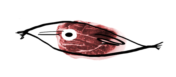 A crude drawing of a cell is overlaid upon a cut of ham