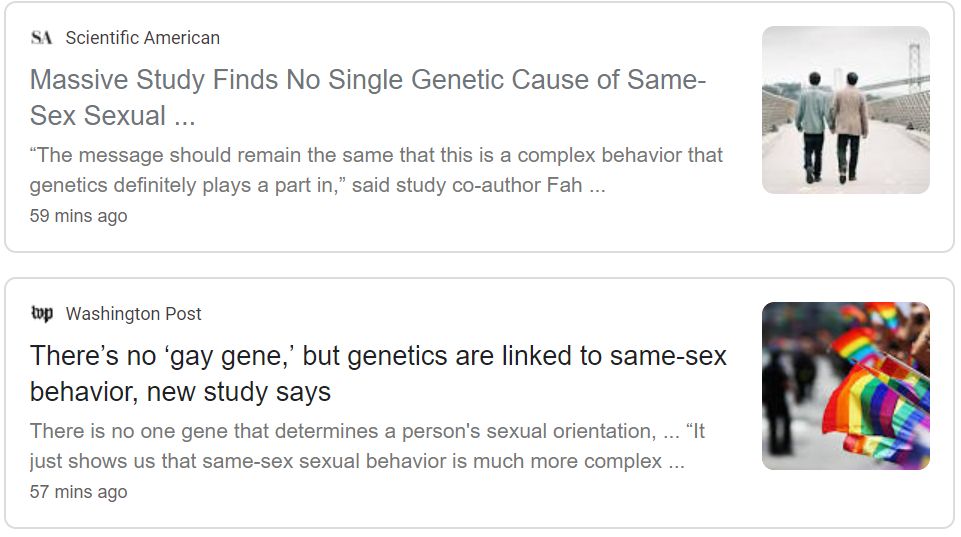 A screenshot of headlines with different conclusions covering the Science story on the genetics of same sex behavior.