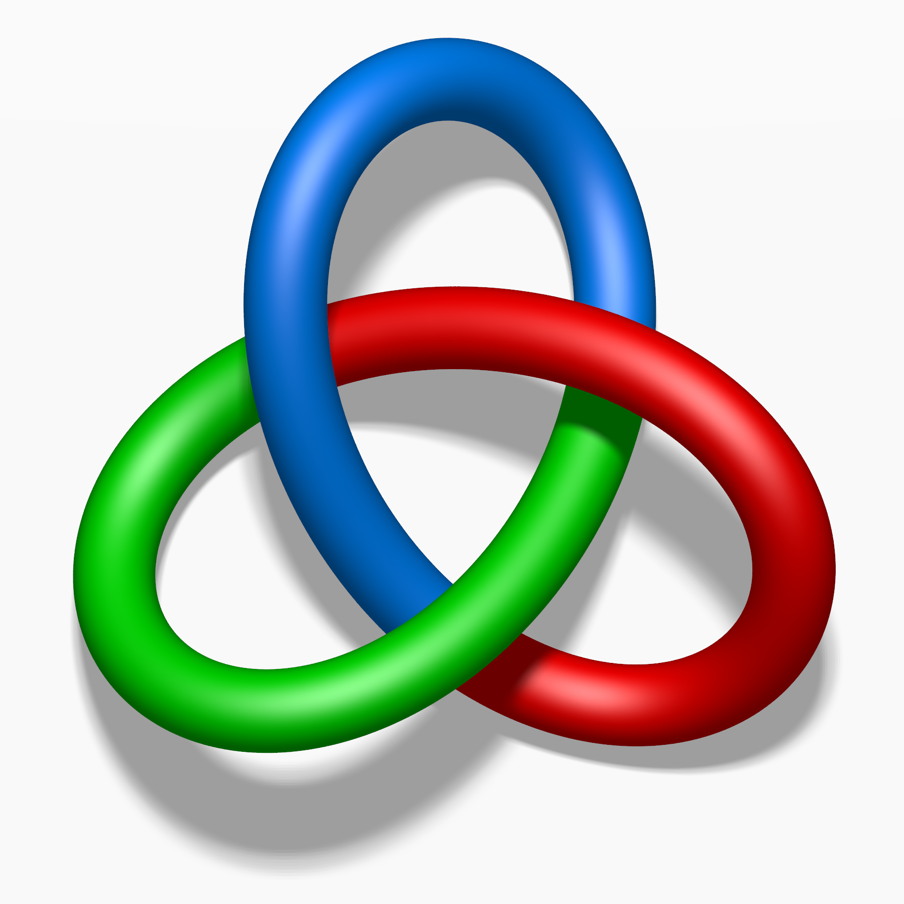 A trefoil knot with tricoloring. Each of the three loops of the knot is colored differently, one in blue, one in red, one in green