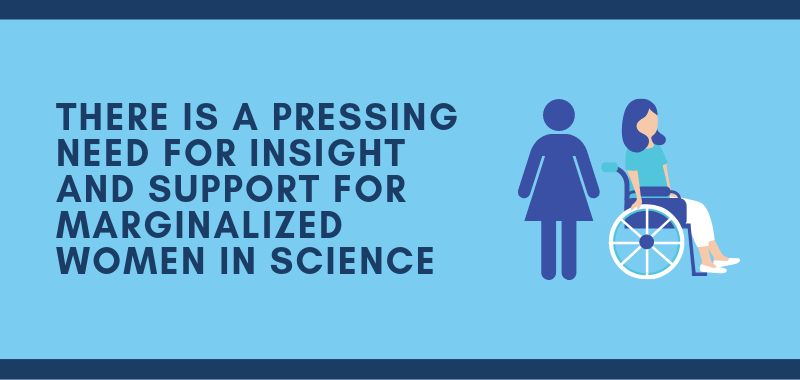 A blue box with bold text that says: "There is a pressing need for insight and support for marginalized women in science." 