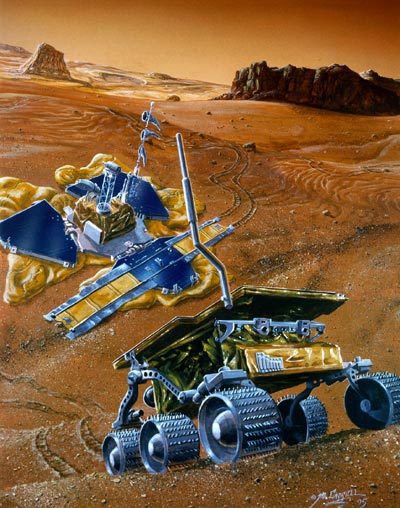 an illustration of two Mars rovers on the red planet