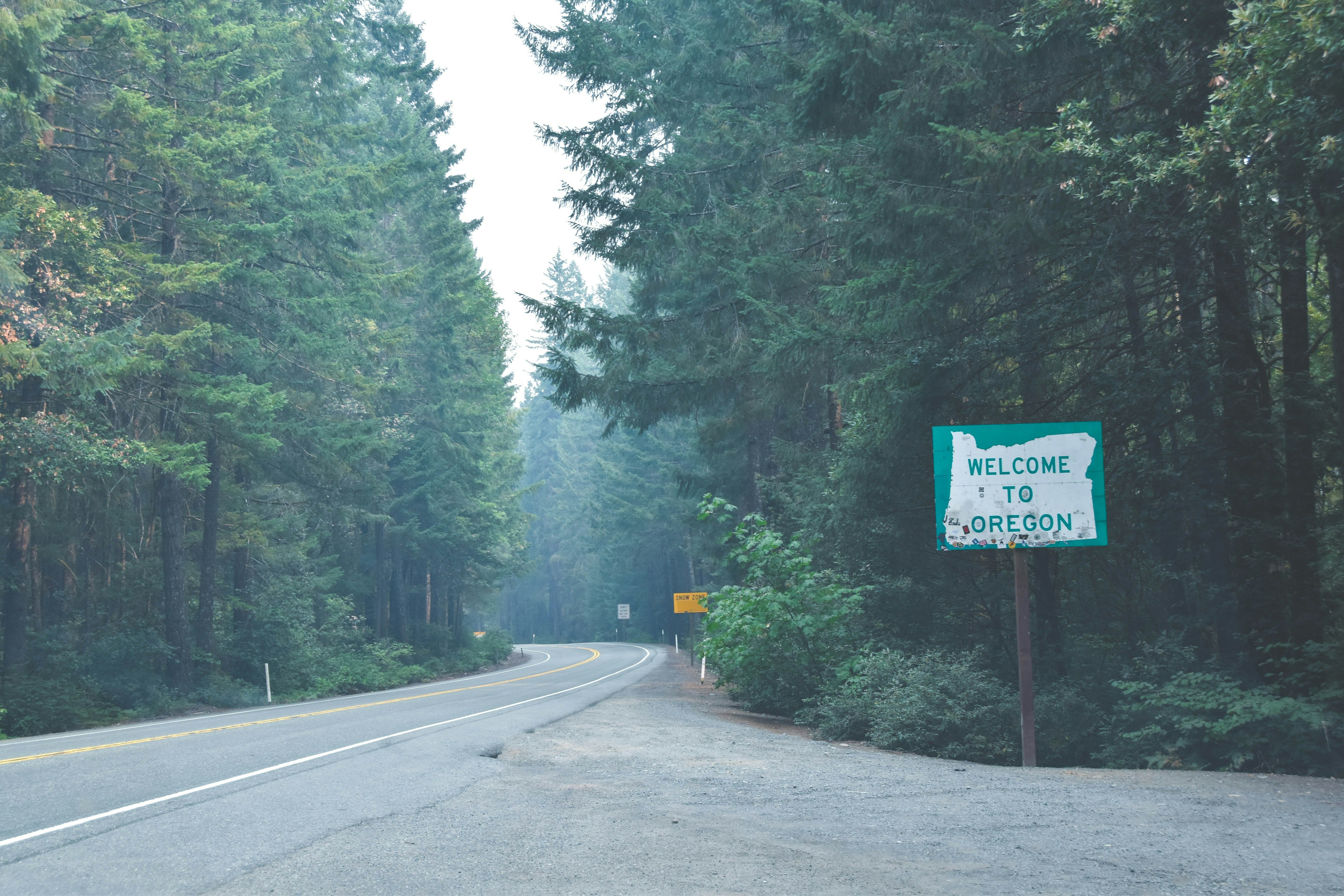 a photo of a tree-lined road and a sign that says "welcome to oregon"