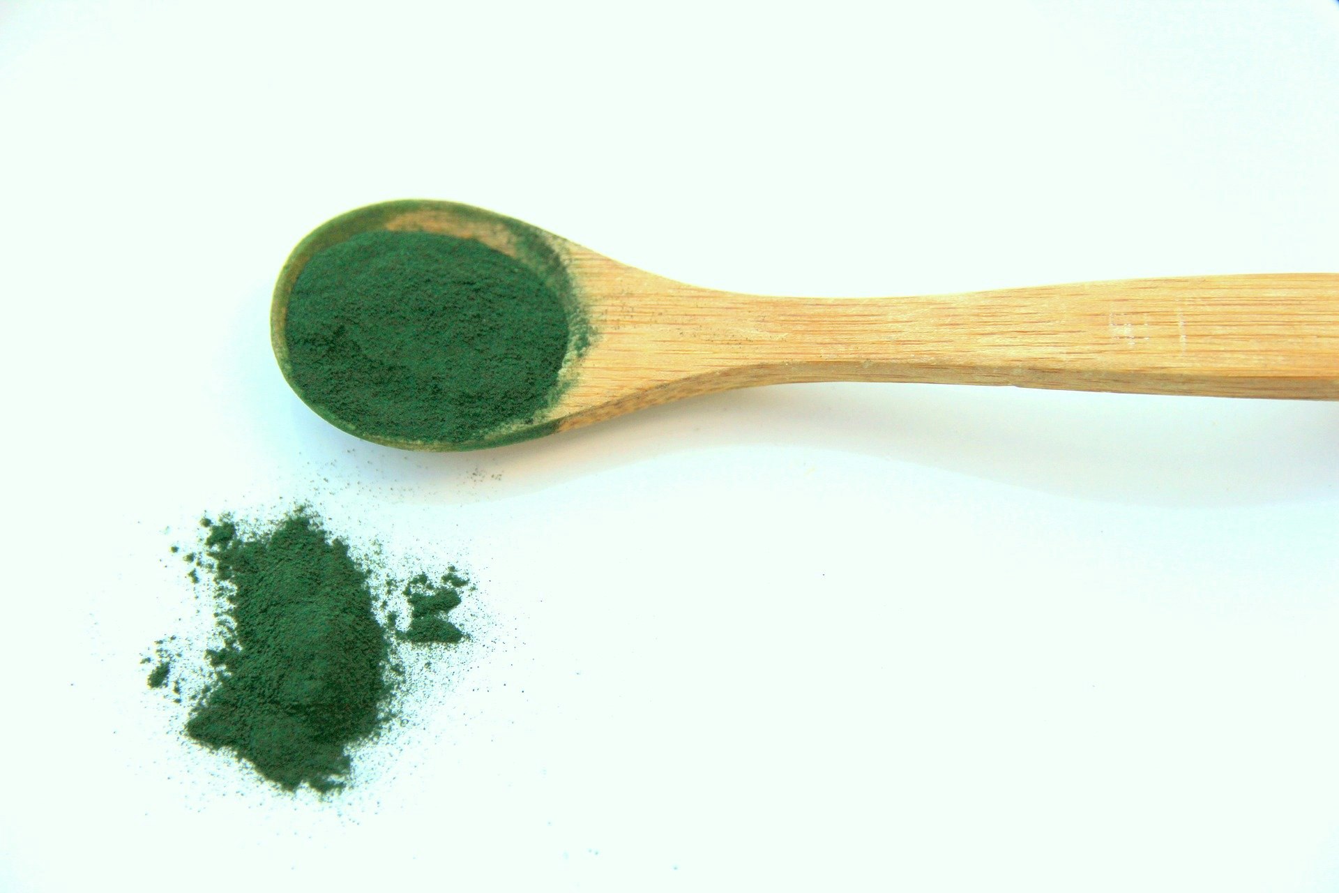 a green powder scooped up in a wooden spoon